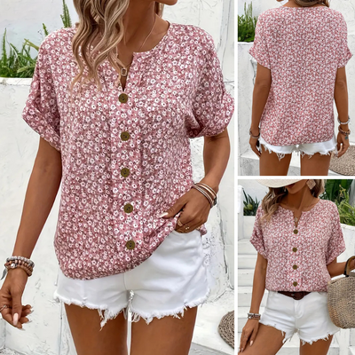 Cindy   | Floral Print Notched Colour Blouse